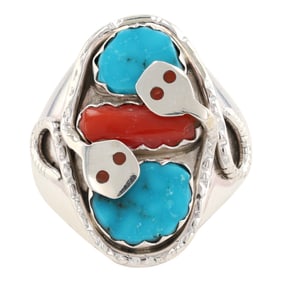 Joy Calavaza Zuni Silver Turquoise Coral Snake Ring