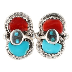 Effie Calavaza Zuni Sterling Silver Turquoise Coral Snake Earrings