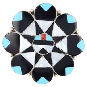 Alison Dishta Zuni Sterling Silver Multi-Stone Sunface Pin/Pendant