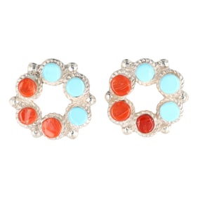 Janice Lalio Zuni Sterling Turquoise Coral Earrings