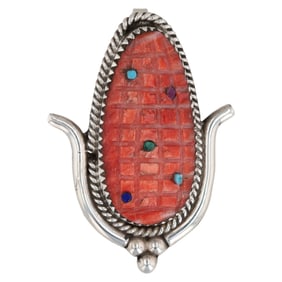 Zuni Tracy Bowekaty Sterling Corn Inlay Pin Pendant