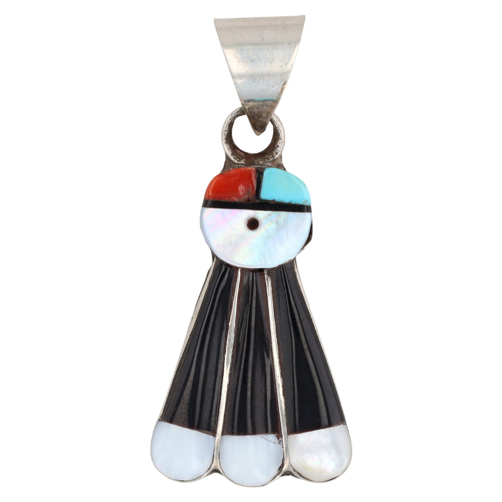 Clayton Vacit Zuni Sterling Sunface Inlay Pendant: A Clayton Vacit Zuni Sterling Sunface Inlay Pendant, featuring onyx, coral, mother-of-pearl, and turquoise stones, signed 'CDV ZUNI' on reverse, measuring approximately 1.5 inches long and weighing 3g