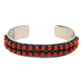 Tillie Jon Navajo Sterling Coral Row Cuff Bracelet