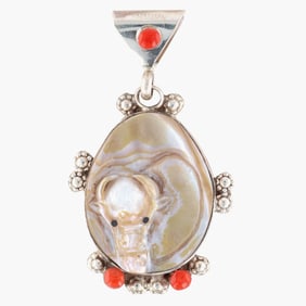 Maxx Laate Zuni Sterling Multi-Stone Carved Buffalo Pendant