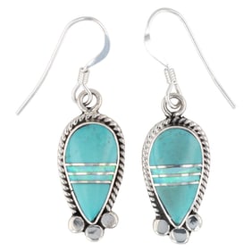 James Manygoats Navajo Sterling Turquoise Inlay Earrings