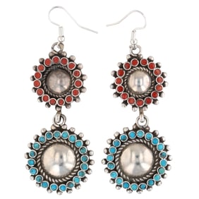 Vincent Shirley Navajo Sterling Coral Turquoise Dangle Earrings