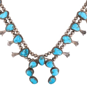 Vintage Navajo Silver Turquoise Squash Blossom Necklace