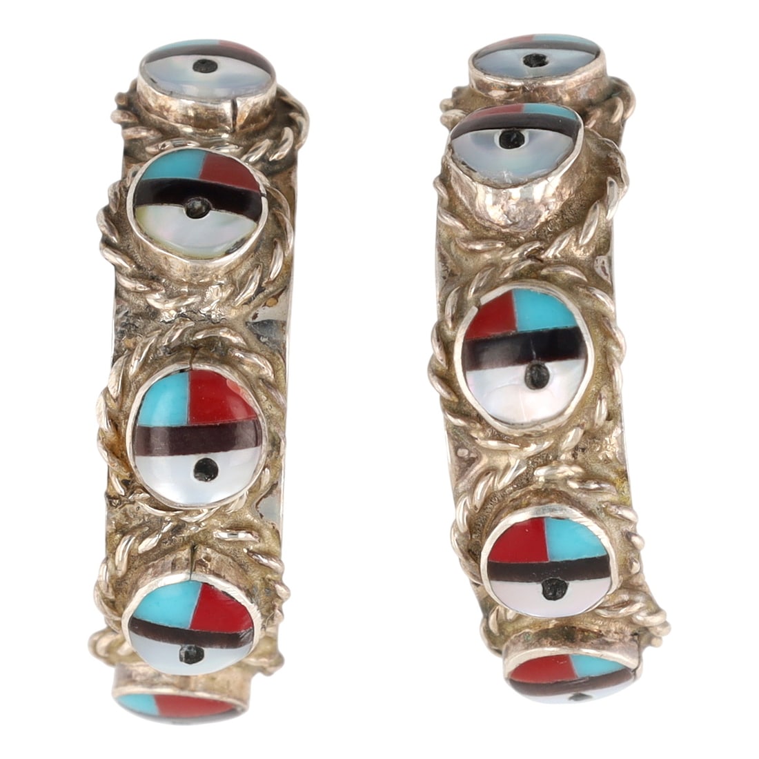 Emerson Vallo Zuni Sterling Multi-Stone Sunface Earrings: A pair of Zuni handmade sterling earrings featuring multiple Sunface inlay designs in turquoise, coral, mother-of-pearl, onyx, weighing 5g and measuring approximately 1 inch long.