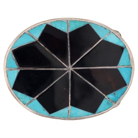 Delger Cellicion Zuni Handmade Sterling Silver Multi-Stone Inlaid Belt Buckle