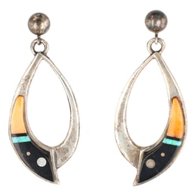 Alfred Tsosie Navajo Sterling Silver Multi-Stone Inlay Dangle Earrings