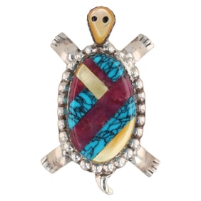 Wayne & Josie Haloo Zuni Sterling Inlay Turtle Pendant/Pin