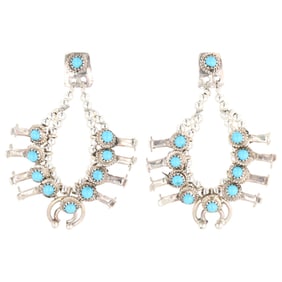 Larry Curley Navajo Sterling Turquoise Squash Blossom Earrings