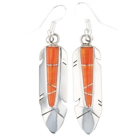 Mary Yazzie Navajo Sterling Spiny Oyster Inlay Feather Earrings