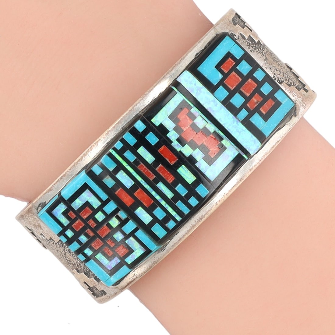 Vintage Larry Castillo Navajo Sterling Mosaic Inlay Bracelet (1 of 9)