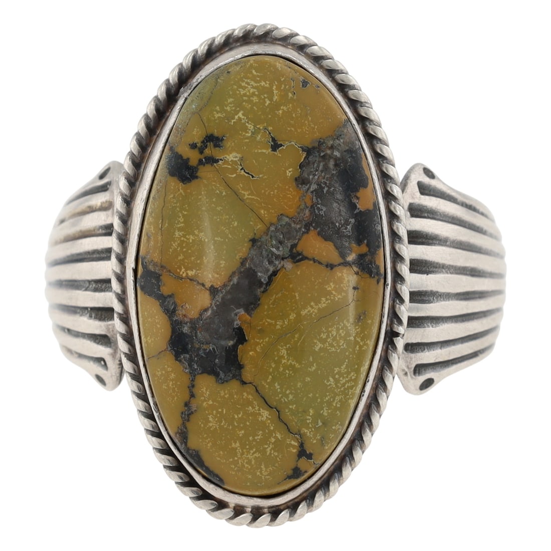 Running Bear Navajo Sterling Peacock Variscite Ring: A Running Bear Navajo Sterling Peacock Variscite Ring featuring an oval olive green and black/brown matrix stone, marked "925" and weighing 14g, sized US 12