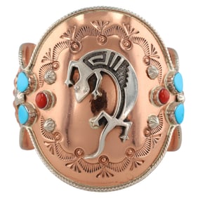 Running Bear Navajo Copper Sterling Silver Lizard Multi-Stone Cuff Bracelet
