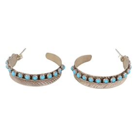 Aaron Davis Navajo Sterling Kingman Turquoise Hoop Earrings