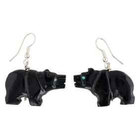 Ben Livingston Navajo Sterling Jet Turquoise Bear Fetish Earrings