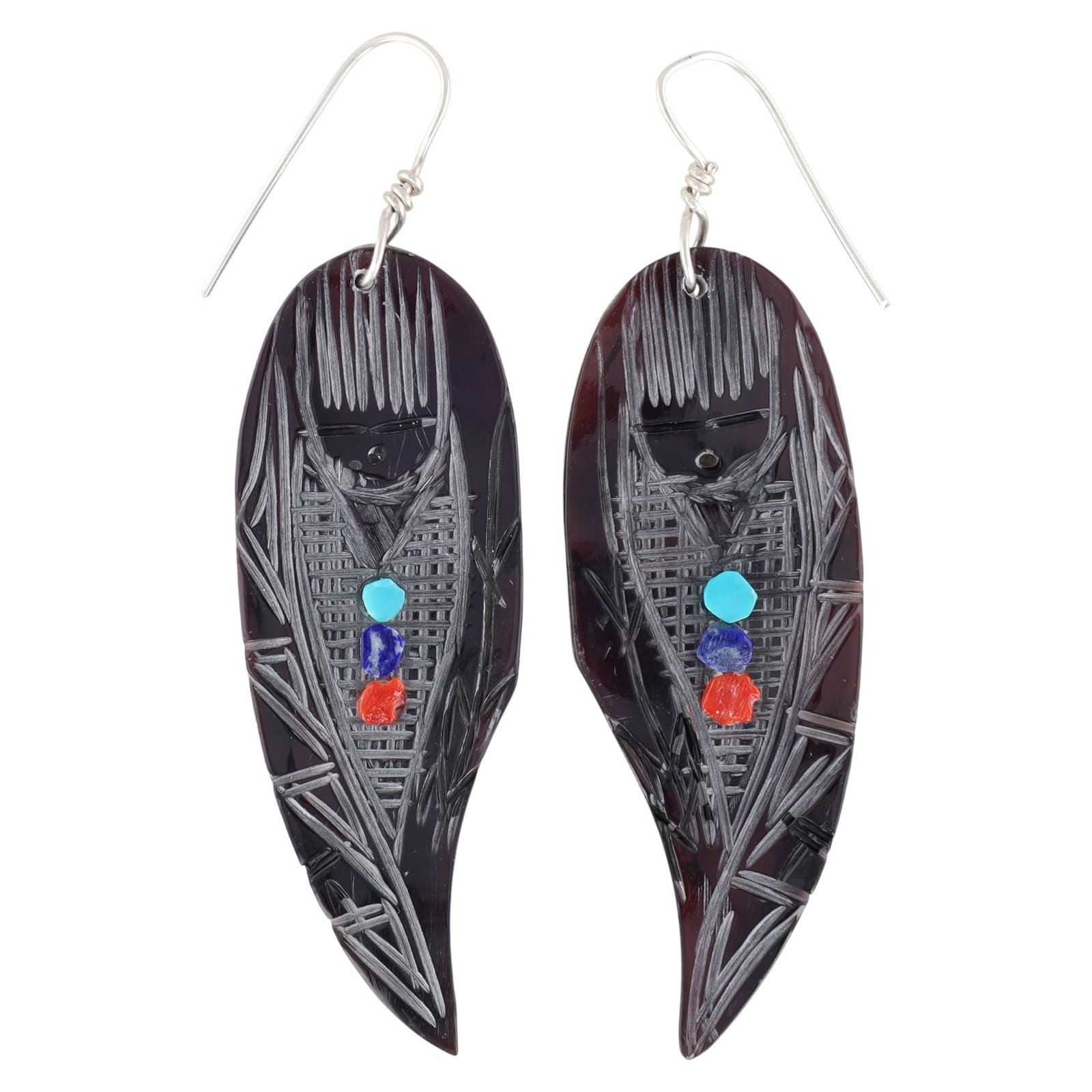 Zuni Gloria Chattin Corn Maiden Earrings: A pair of Zuni Gloria Chattin sterling jet carved corn maiden earrings with turquoise, lapis, and coral accents, measuring approximately 2.5 inches long, 14g