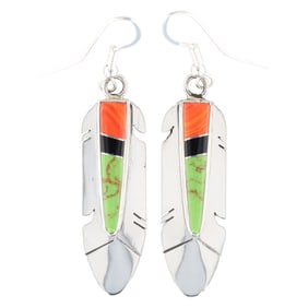 Mary Yazzie Navajo Sterling Inlay Feather Earrings