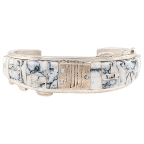 Charles Johnson Navajo Sterling White Buffalo Inlay Cuff Bracelet