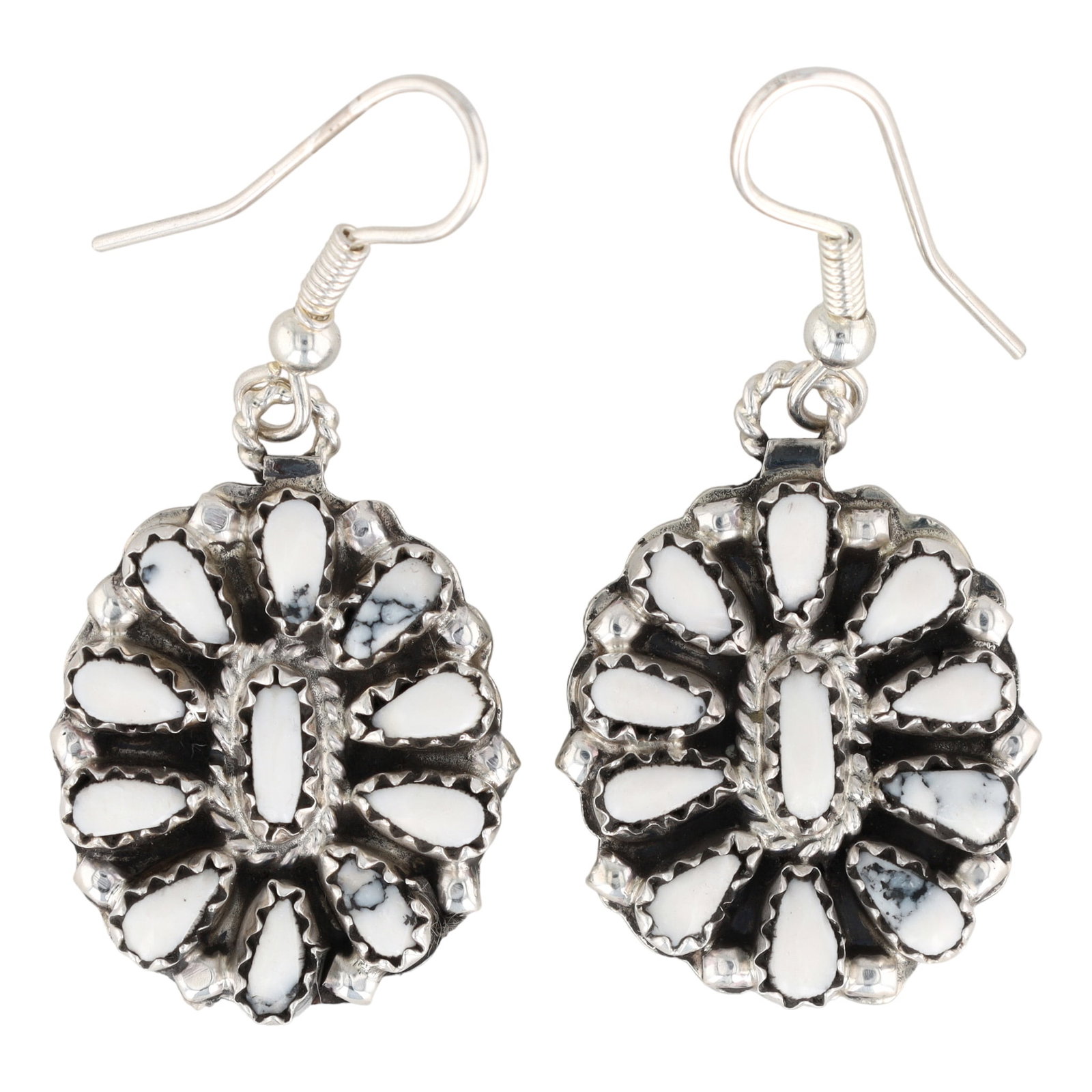 Milton James Navajo Sterling Reversible Earrings: Milton James Navajo Sterling Reversible Earrings, one side is white buffalo turquoise, the other is blue turquoise, measure approximately 1 inch long, weigh 11g.
