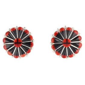 W&C Niiha Zuni Sterling Coral Onyx Sunface Earrings