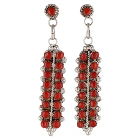 Jean Paisano Zuni Sterling Red Coral Corn Stock Earrings