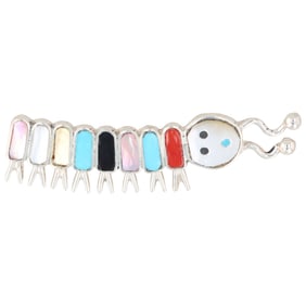 Earline Edaakie Zuni Sterling Multi-Stone Inlaid Caterpillar Brooch