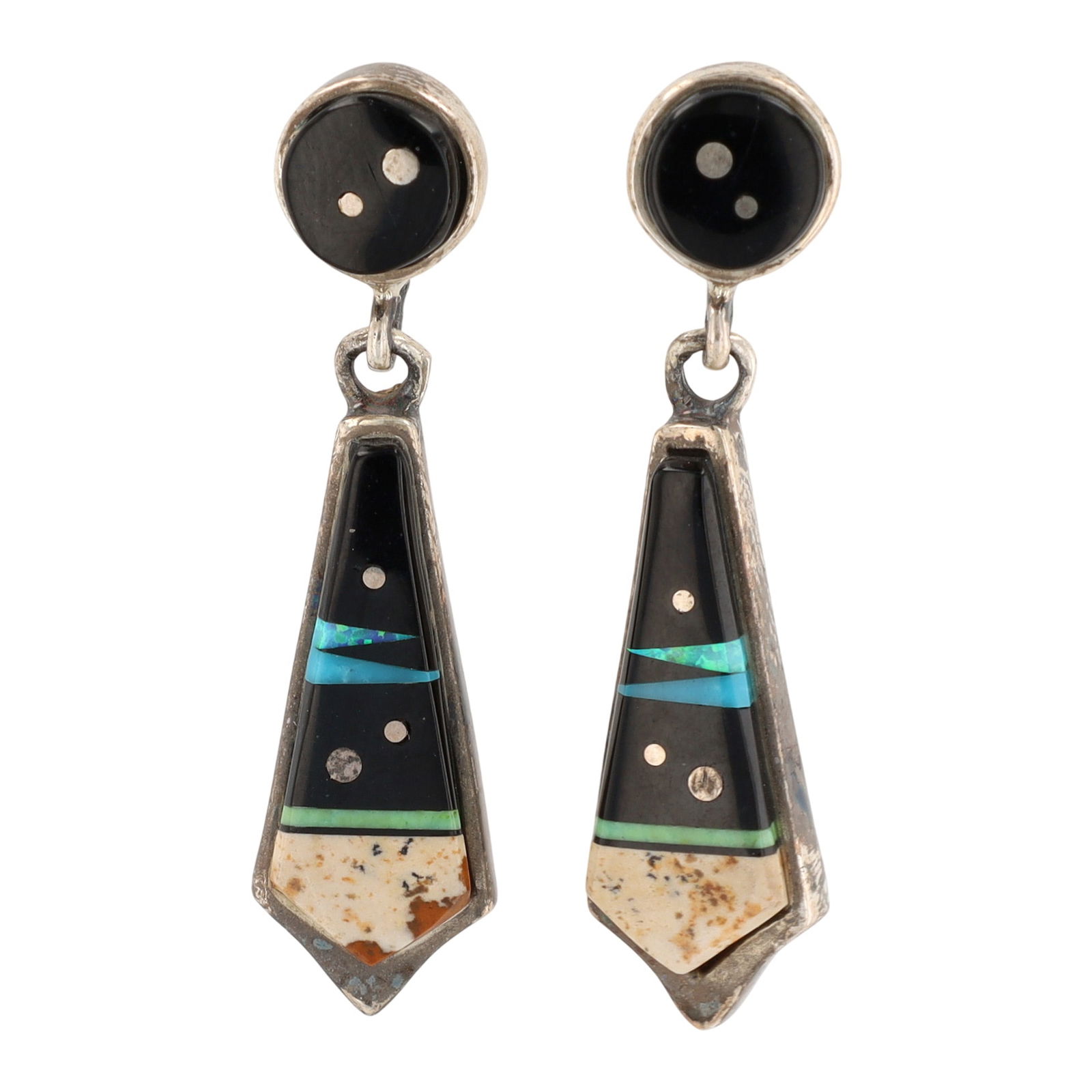 Elvera Yazzie Navajo Sterling Night Sky Inlay Earrings: A pair of Elvera Yazzie Navajo Sterling Silver Night Sky dangle earrings, approximately 1.5 inches long, featuring onyx, opal, turquoise, brown jasper, gaspeite inlay, marked "Sterling" and "TSF©" fo