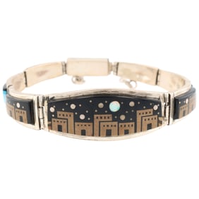 Merle House Navajo Handmade Night Sky Sterling Silver Inlaid Bracelet