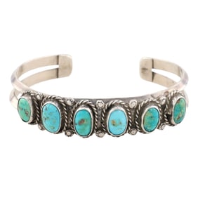 Vintage Navajo Sterling Silver Seven Stone Turquoise Cuff Bracelet