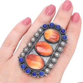 Anthony Skeets Sterling Spiny Oyster and Lapis Ring