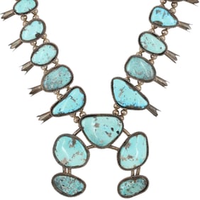 Vintage Morenci Turquoise Sterling Squash Blossom Necklace