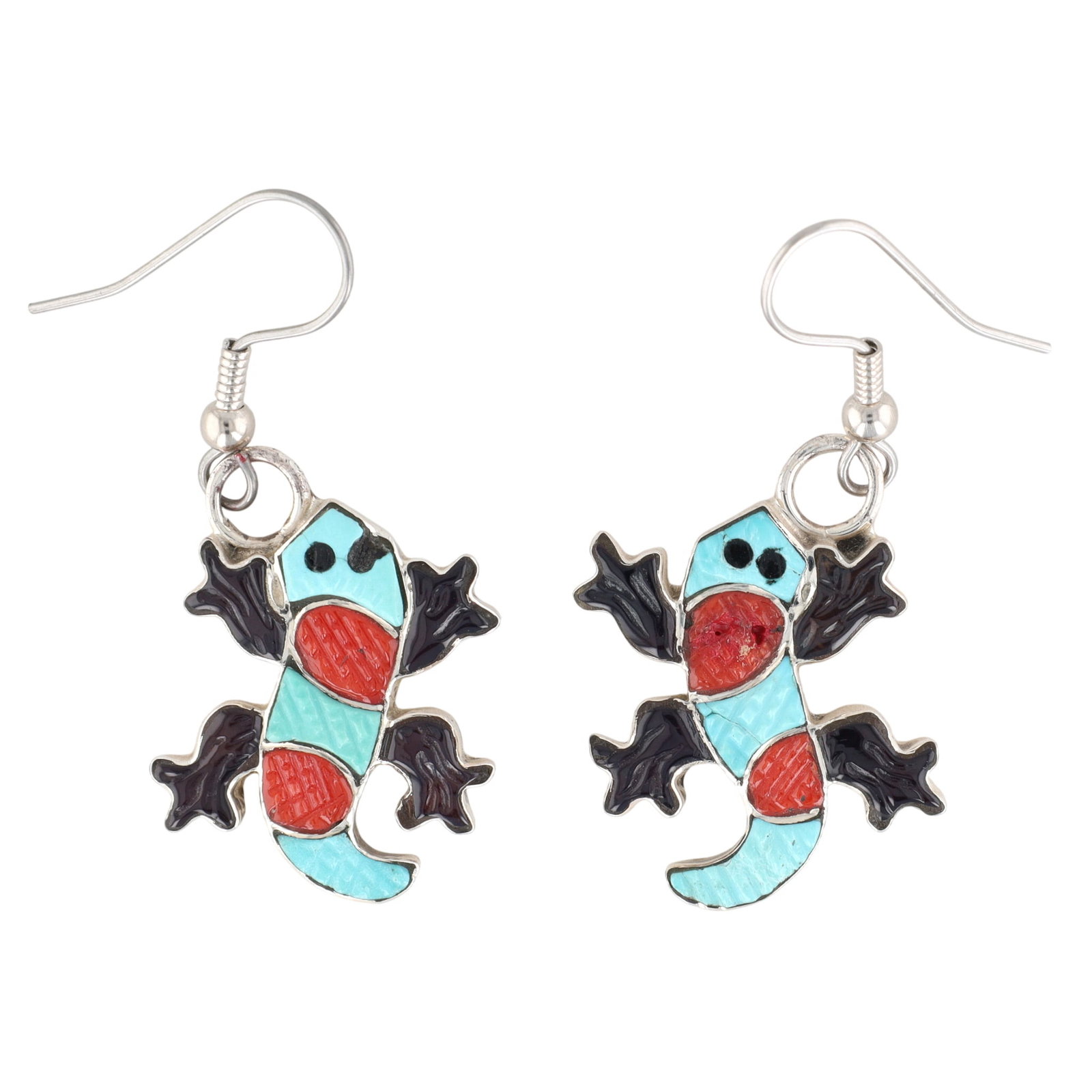 Tamara Pinto Zuni Sterling Gecko Inlay Earrings: A pair of Tamara Pinto Zuni sterling earrings, made of turquoise, onyx, and coral. It measures 1.5 inches long, weighs 5g, accompanying note reads artist is 'Tamara Pinto'.