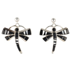 A Pair of Calvin Begay Sterling Silver Dragonfly Inlay Earrings