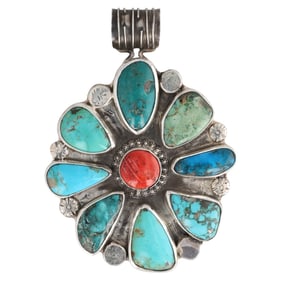 Chad Teller Navajo Sterling Silver Coral and Turquoise Pendant