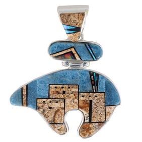 Calvin Begay Sterling Silver Inlay Bear Pendant
