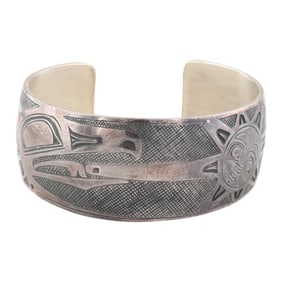 Danny Dennis Sterling Silver Northwest Coast Raven Sun Cuff Bracelet