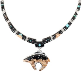 Calvin Begay Navajo Sterling Mosaic Inlay Bear Necklace