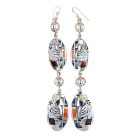 Quentin Quam Sr. Zuni Sterling Inlay Owl Dangle Earrings