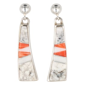 A Pair of Calvin Begay Sterling Silver Spiny Oyster Inlay Dangle Earrings