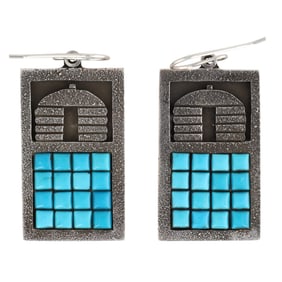 Aaron John Navajo Sterling Turquoise Hogan Earrings