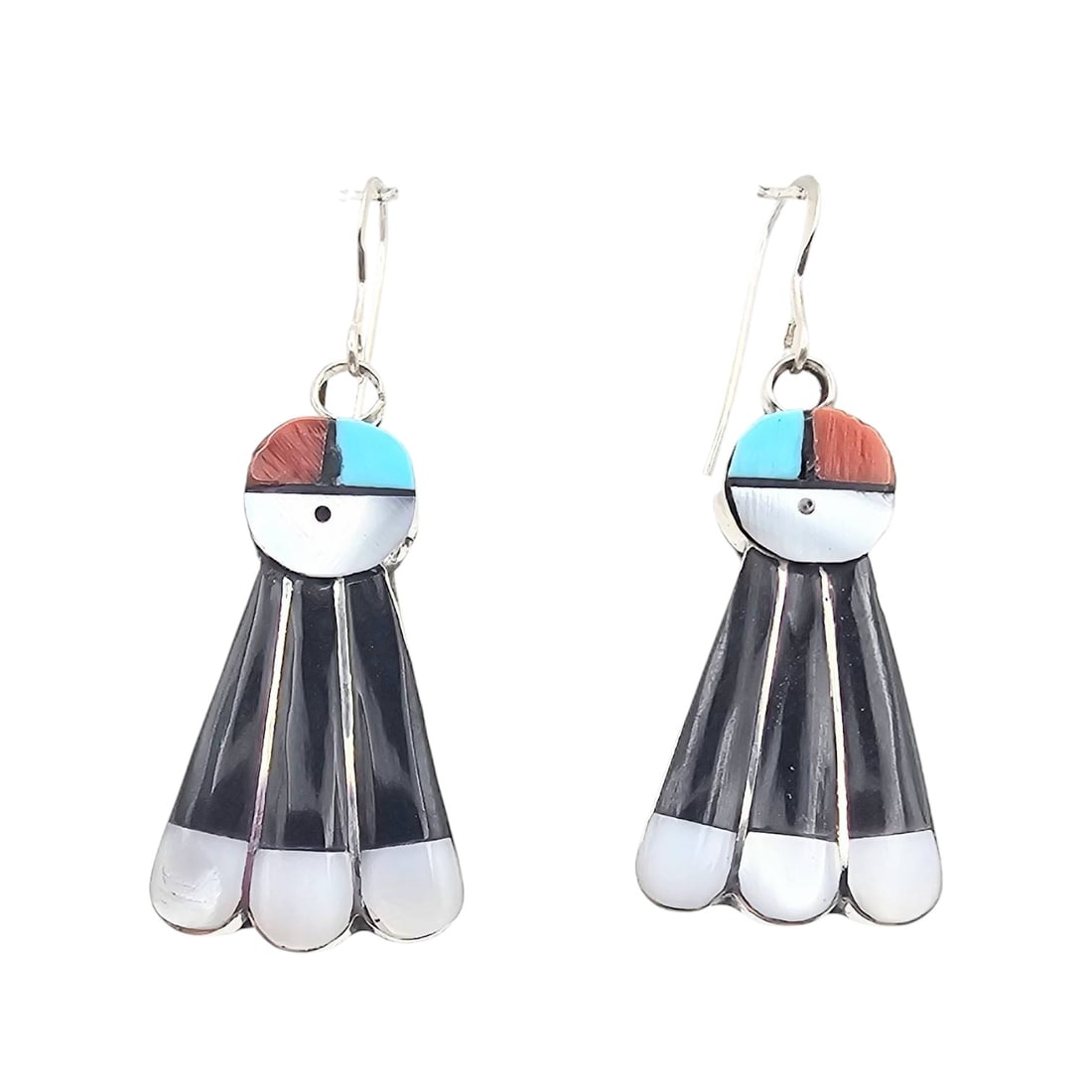 Cheryl Paywa Zuni Sterling Kingman Turquoise Earrings: Zuni handmade sterling silver earrings by Cheryl Paywa featuring inlay of Kingman turquoise, coral, jet, and mother of pearl. Earrings measure approximately 1 inch in length including hooks, with a to