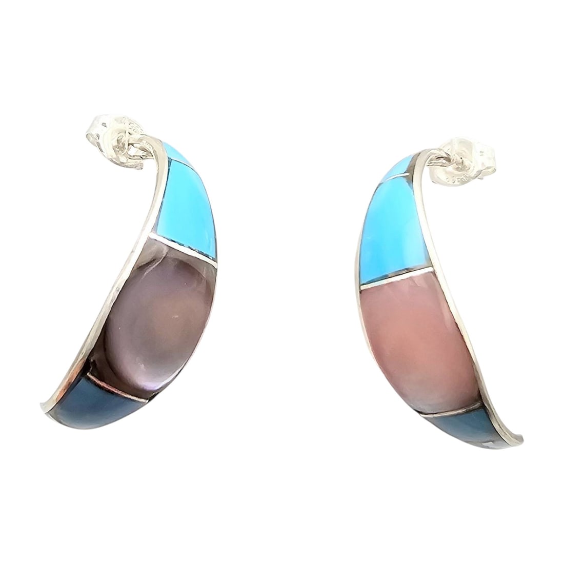 James Kee Zuni Mother Of Pearl Turquoise Sterling Hoop Earrings: Zuni-style hoop earrings handcrafted by artist James Kee. The earrings feature Multi-Stone inlay, including turquoise and other materials, set in sterling silver. Secure post-back closures are attache