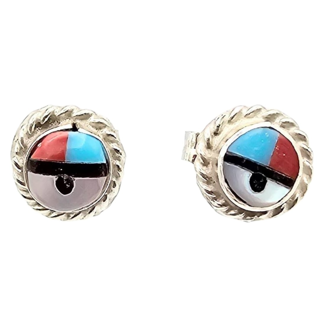 Devoria Bowakay Zuni Sterling Sunface Earrings: Handmade sterling silver earrings by Devoria Bowakay, a Zuni artisan. Features a traditional Sunface design inlaid with turquoise, coral, black onyx, and mother of pearl. Each earring is accented with
