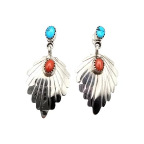 Navajo Sterling Kingman Turquoise Coral Earrings