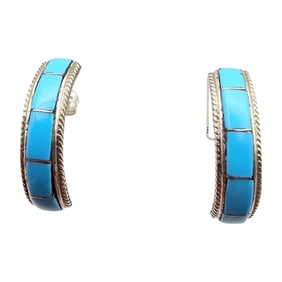 Zuni Artist Zenia Kylestewa Sterling Kingman Turquoise Hoop Earrings
