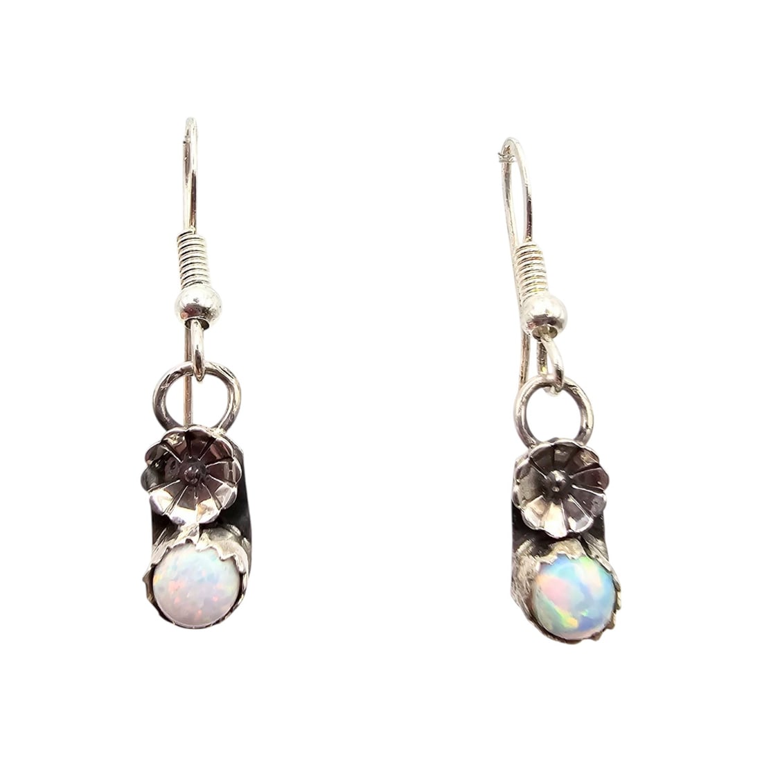 Janice Spencer Navajo Sterling Opal Earrings: Handmade earrings by Janice Spencer in the Navajo style, crafted in sterling silver and featuring opal embellishments. These earrings are lightweight at 1.6 grams, as shown on the scale, and include h