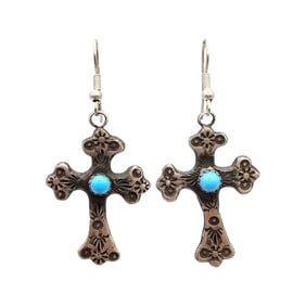 Rose Tsosie Navajo Sterling Cross Earrings with Kingman Turquoise